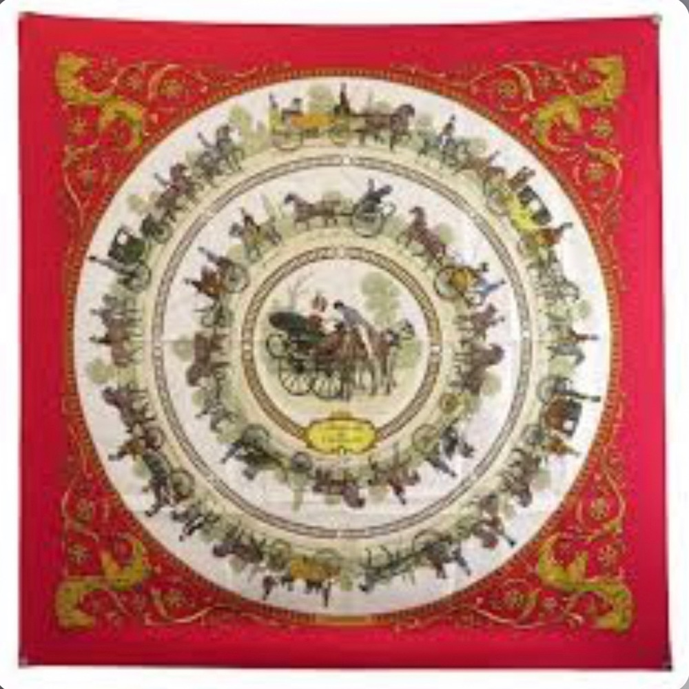Hermès HERMES SCARF LA PROMENADE DE LONGCHAMP LEDOUX CARRE 90 SILK SCARF Red